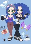  1girl absurdres black_gloves black_pants blue_background blue_hair brown_pants bug chibi coffee_pot commission cropped_jacket crossed_legs cup english_commentary full_body glasses gloves head_scarf highres holding holding_coffee_pot holding_smoking_pipe jolly_roger kettle long_hair looking_at_viewer martinsdmelo o-ring one_piece pants paula_(one_piece) ponytail sandals skull skull_and_crossed_swords smile smoking_pipe spider tank_top v-shaped_eyebrows 