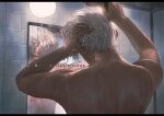  1boy back bathroom brown_eyes dated dripping indoors kinsatsu_(grizzled) light male_focus mirror nude original reflection short_hair showering solo tile_wall tiles twitter_username upper_body water white_hair 