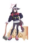  1girl alternate_costume animal_ears axe black_hair black_jacket black_pantyhose blue_archive blush cheenack closed_mouth extra_ears fox_ears full_body gloves grey_shorts hair_between_eyes halo highres jacket long_hair long_sleeves pantyhose red_eyes red_footwear red_halo shoes shorts simple_background solo white_background white_gloves yukino_(blue_archive) 