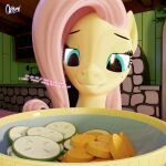 3d_(artwork) blue_eyes cucumber detailed_background digital_media_(artwork) equid equine eyelashes female feral fluttershy_(mlp) food friendship_is_magic fruit hair hasbro hi_res mammal my_little_pony pink_hair plant quicktimepony smile solo teeth yellow_body
