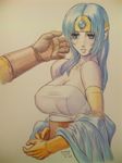  bad_id bad_pixiv_id bare_shoulders blue_eyes blue_hair blush breasts circlet cleavage dragon_quest dragon_quest_iii elbow_gloves gloves highres large_breasts pointy_ears sage_(dq3) solo_focus surime-dq traditional_media 