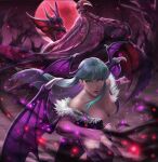  1girl artist_request bare_shoulders black_leotard breasts bridal_gauntlets constricted_pupils demon_wings dragon full_moon green_eyes green_hair head_wings leotard long_hair moon morrigan_aensland official_art red_moon solo strapless strapless_leotard teppen vampire_(game) wings 