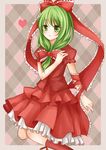  argyle argyle_background bad_id bad_pixiv_id bow dress frills front_ponytail green_eyes green_hair hair_ribbon heart kagiyama_hina long_hair nikoo ribbon solo touhou 