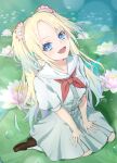  1girl blonde_hair blue_eyes blue_hair blurry bokeh brown_footwear commentary depth_of_field dress fang flower full_body gradient_hair hair_flower hair_ornament hands_on_lap hasu_no_sora_school_uniform highres les_trois light_blue_hair lily_pad link!_like!_love_live! loafers long_hair looking_at_viewer lotus love_live! medium_dress multicolored_hair neckerchief osawa_rurino parted_bangs pink_flower pleated_dress red_neckerchief sailor_collar sailor_dress school_uniform shoes short_sleeves sitting solo summer_uniform twintails virtual_youtuber wariza water_drop white_dress white_flower white_sailor_collar 