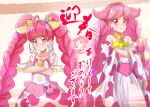  2girls akeome animal_print bare_shoulders blush breasts chinese_zodiac cleavage commentary_request cow_print cure_star earrings gunbuster_pose happy_new_year horns hoshina_hikaru jewelry long_hair mitumi_mira multiple_girls new_year pink_eyes pink_hair precure princess_taurus_(precure) smile star_princess star_twinkle_precure twintails very_long_hair year_of_the_ox 