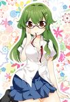  adjusting_eyewear alternate_costume bad_id bad_pixiv_id bespectacled breasts casual cleavage frog glasses green_hair hair_ornament hairpin highres ika kochiya_sanae large_breasts long_hair looking_at_viewer mouth_hold open_clothes open_shirt pleated_skirt school_uniform shirt skirt solo touhou untied yellow_eyes 