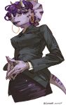 absurd_res anthro bottomwear catheadyy cavemanon_studios ceratopsian clothing dinosaur ear_piercing ear_ring facial_horn female goodbye_volcano_high hair hi_res horn jewelry lipstick looking_at_viewer makeup ornithischian piercing purple_body purple_eyes purple_hair reptile ring_piercing scalie simple_background skirt snoot_game solo triceratops trish_(gvh) white_background
