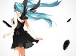  aqua_hair backless_dress backless_outfit bad_id bad_pixiv_id bare_shoulders black_dress black_wings dress feathers from_behind hair_ornament hatsuko hatsune_miku kuroi_tsubasa_(vocaloid) long_hair short_dress simple_background solo twintails vocaloid wings 
