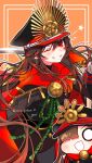  1girl artist_name black_hair cape chain collared_cape family_crest fate/grand_order fate_(series) grin hat highres holding holding_sword holding_weapon katana long_hair medallion military_hat oda_nobunaga_(fate) oda_nobunaga_(koha-ace) oda_uri one_eye_closed over_shoulder peaked_cap popped_collar red_cape red_eyes smile star_(symbol) sword twitter_username weapon weapon_over_shoulder yui_(tamagohan) 