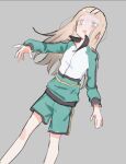  1girl @_@ blonde_hair blush dizzy gakuen_idolmaster gradient_hair grey_background idolmaster jacket kurobeko_(kur0bek0) long_hair multicolored_hair open_mouth shinosawa_hiro shorts simple_background sketch solo track_jacket 