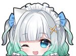  1girl blue_eyes blue_ribbon blue_sleeves chocola_vt fang gradient_hair green_hair grey_hair hair_ornament hair_ribbon indie_virtual_youtuber looking_at_viewer maid_headdress mint_fantome multicolored_hair one_eye_closed open_mouth ribbon short_hair smile solo two_side_up virtual_youtuber white_background white_headdress x_hair_ornament 