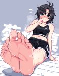  1girl antenna_hair arm_support bare_arms bare_legs bare_shoulders barefoot black_hair black_shorts black_sports_bra blush character_name collarbone dolphin_shorts feet flying_sweatdrops foot_focus hothot148 idolmaster idolmaster_million_live! kikuchi_makoto looking_at_viewer navel nose_blush outstretched_legs pixel_art shorts sitting soles solo sports_bra steaming_body sweat toes 