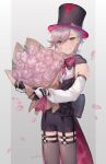  1boy black_corset black_shorts blonde_hair bouquet bow cape corset detached_sleeves facial_mark flower genshin_impact grey_background grey_thighhighs hat highres huge_bow looking_at_viewer lyney_(genshin_impact) male_focus pink_flower pink_rose red_bow red_cape rose short_hair short_shorts shorts simple_background smile solo teardrop_facial_mark teardrop_tattoo thighhighs top_hat two-tone_gloves white_sleeves wolfram_1 