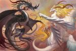  animal_focus artist_name black_vs_white blue_eyes claws copyright_notice dragon feathered_wings from_side fur-tipped_tail g.river horns low_wings monster multiple_horns multiple_wings no_humans orange_horns original profile red_eyes tail talons western_dragon white_wings wings 