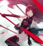  1girl absurdly_long_hair bare_shoulders black_gloves black_leotard black_thighhighs breasts covered_navel elbow_gloves fate/grand_order fate_(series) floating_hair foot_up from_side gloves hair_between_eyes holding holding_polearm holding_weapon leotard long_bangs long_hair looking_ahead medium_breasts parted_lips polearm purple_hair purple_leotard purple_thighhighs red_eyes scathach_(fate) siino solo spear thighhighs thighs twisted_torso two-tone_leotard two-tone_thighhighs very_long_hair waist_cape weapon white_background 