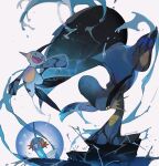  blue_eyes blue_skin colored_sclera colored_skin energy_barrier energy_shield evolutionary_line full_body handstand highres kamikiririp marshtomp mudkip one_arm_handstand one_eye_closed orange_skin pokemon pokemon_(creature) simple_background swampert twitter_username water white_background yellow_sclera 