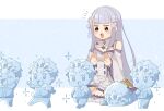  1boy 1girl bad_id bad_twitter_id bare_shoulders braid breasts chibi cleavage crown_braid cryokinesis dress emilia_(re:zero) flower full_body hair_flower hair_ornament hair_ribbon highres kneeling long_hair long_sleeves mini_person open_mouth purple_eyes purple_ribbon re:zero_kara_hajimeru_isekai_seikatsu ribbon rose simple_background thighhighs watamato white_flower white_hair white_rose x_hair_ornament 