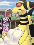 2024 absurd_res ambiguous_gender ambiguous_pred ambiguous_prey ampharos anthro anthro_pred artist_name barn belly belly_squish big_belly big_tail biped black_body black_ears black_markings black_neck black_tail blush blush_lines bodily_fluids bovid caprine cel_shading cloud countershade_belly countershade_skin countershading digital_drawing_(artwork) digital_media_(artwork) dripping duo english_description eyes_closed fence flaaffy fully_inside fur generation_2_pokemon grass hand_on_belly hand_on_own_belly hands_on_belly hands_on_own_belly hi_res huge_belly long_tail mammal markings monotone_arms monotone_belly monotone_face multicolored_body multicolored_ears nintendo open_mouth open_smile outside pink_arms pink_belly pink_body pink_ears pink_face pink_tail plant pokemon pokemon_(species) raftail ring_(marking) ringed_ears ringed_neck ringed_tail saliva saliva_drip saliva_on_tongue saliva_string semi-anthro shaded sky smile soft_vore squish striped_ears striped_markings striped_neck striped_tail stripes tail tail_markings tail_orb tapering_tail thick_tail tongue tongue_out two_tone_body two_tone_ears two_tone_neck two_tone_tail unseen_prey vore watermark white_belly white_body white_countershading white_fur white_wool wood wood_fence wool_(fur) wool_hair yellow_arms yellow_body yellow_ears yellow_face yellow_neck