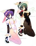  absurdres amazuyu_tatsuki black_legwear breasts cleavage copyright_request detached_sleeves dual_persona green_eyes highres leotard medium_breasts non-web_source pantyhose pink_legwear purple_eyes purple_hair short_hair 