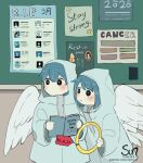  2others angel angel_wings artist_logo black_hair blue_hair book commentary english_commentary holding holding_book hood hood_up hooded_coat looking_to_the_side mimi_n multiple_others original poster_(object) short_hair wings 