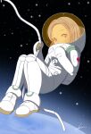  1girl blue_eyes blue_hair dot_nose earth_(planet) floating full_body helmet highres japanese_flag legs_together mole mole_under_eye original planet signature solo space space_helmet spacesuit star_(sky) toshi_chihiro2 tube zero_gravity 