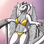 2024 2_horns 5_fingers abs anthro belly_scales big_breasts big_tail bikini breasts cel_shading cellphone claws cleavage clothed clothing countershade_scales countershading dated detailed_background digital_drawing_(artwork) digital_media_(artwork) dragon electronics european_mythology eyelashes fangs feathered_dragon feathered_scalie feathered_wings feathers female finger_claws fingers front_view gold_bikini grey_body grey_claws grey_feathers grey_horn grey_scales hi_res horn huge_breasts humanoid_hands hybrid hybrid_wings krita_(artwork) long_tail looking_at_viewer membrane_(anatomy) membranous_wings multicolored_body multicolored_scales mythological_creature mythological_scalie mythology outside phone pink_eyes pinup portrait pose pupils reptile scales scalie sea selena_illyana shaded shadow side-tie_bikini signature skimpy slit_pupils smile smiling_at_viewer snake snake_hood snout solo spe standing string_bikini sunset swimwear tail teeth thick_tail thick_thighs three-quarter_portrait two_tone_body two_tone_scales water western_dragon white_body white_feathers white_scales wide_hips wing_claws wings wings_folded