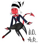 absurd_res anthro b.d.a.r. bow_tie clothed clothing freckled_face freckles happy helluva_boss hi_res humanoid imp male moxxie_(helluva_boss) smile smiley_face solo suit tail