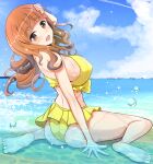  1girl ass barefoot beach bikini bikini_skirt blue_sky blunt_bangs breasts brown_eyes brown_hair cloud commentary_request day from_behind girls_und_panzer highres horizon kumaisao large_breasts long_hair looking_at_viewer looking_back ocean outdoors partially_submerged sitting sky solo swimsuit takebe_saori wariza water_drop yellow_bikini 