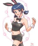  1girl animal_ears bare_shoulders black_bow black_bowtie black_shirt blue_eyes blue_hair bow bowtie earrings jewelry looking_to_the_side marinette_dupain-cheng miraculous_ladybug navel open_mouth rabbit_ears rabbit_girl rabbit_tail shirt shorts smile solo tail tomm0515 