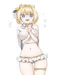  1girl ass_visible_through_thighs bikini blonde_hair blue_eyes blush breasts brown_dust_2 crying crying_with_eyes_open demon_horns eyebrows_hidden_by_hair fang feet_out_of_frame flying_sweatdrops frilled_bikini frills hair_between_eyes hair_ornament hand_on_own_chest horns jacket justia_(pool_party)_(brown_dust) large_breasts lipstick_mark looking_at_viewer mofffmoth navel simple_background skin_fang skindentation small_horns solo stomach swimsuit tears thigh_strap white_background white_bikini white_jacket 