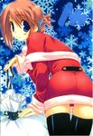  amazuyu_tatsuki blue_eyes blush brown_hair capelet christmas folded_ponytail from_behind komaki_manaka looking_back red_capelet sack santa_costume short_hair skindentation smile snowflakes solo thighhighs to_heart_2 zettai_ryouiki 