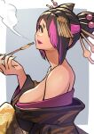  1girl absurdres ap_cammy bare_shoulders black_kimono breasts capcom green_nails hair_over_eyes han_juri highres japanese_clothes kimono large_breasts looking_at_viewer multicolored_hair purple_lips simple_background smoking_pipe solo street_fighter 