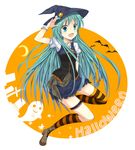  aqua_eyes aqua_hair bat halloween hat hatsune_miku highres kazeotoseri kneehighs long_hair salute skirt smile solo striped striped_legwear thigh_strap thighhighs very_long_hair vocaloid witch_hat wrist_cuffs 