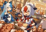  +_+ 1boy 4girls animal_ears baguette bell beret black_gloves blue_eyes blue_hair blush bread breasts brown_hair buttons cat_ears drooling elbow_gloves flat_chest food gloves greentanuki hair_between_eyes hat holding holding_tray holding_wallet indoors jingle_bell large_breasts long_hair melon_bread mono_(greentanuki) mouth_drool multicolored_hair multiple_girls neck_bell nina_(greentanuki) open_mouth original red_hair sausage shirt short_hair short_sleeves smile tray two-tone_hair wallet white_hair white_hat white_shirt 