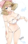  1girl artist_name bikini blush bow bra bracelet breasts cleavage collarbone commentary_request covered_nipples cowboy_shot curly_hair dated eyepatch_bikini gem green_eyes groin hair_bow haruka_(senran_kagura) heart highres jewelry kinako_(mzknk0) large_breasts light_brown_hair looking_at_viewer micro_bikini navel necklace open_mouth panties parted_lips pearl_(gemstone) pearl_armlet pearl_bracelet pearl_necklace pink_bow senran_kagura senran_kagura_shoujo-tachi_no_shin&#039;ei short_hair signature simple_background skirt smile solo swimsuit twitter_username underwear 