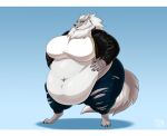 2023 anthro big_breasts biglovealicia blue_eyes breasts canid canine canis cel_shading clothed clothing digitigrade female fully_clothed fur hair half-closed_eyes hand_on_belly hi_res mammal narrowed_eyes navel navel_piercing neck_tuft overweight overweight_female piercing shaded signature simple_background solo thick_thighs torn_clothing tuft white_body white_fur white_hair wolf