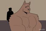 2021 absurd_res anthro artist_name barazoku brown_body brown_fur canid canine clothed clothing digital_media_(artwork) duo fur hi_res male mammal melaisen monotone_body monotone_fur muscular muscular_male pecs simple_eyes topless