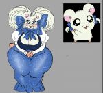  accessory anthro anthrofied big_breasts bijou_(hamtaro) blue_eyes blush bow_ribbon breasts cleavage clothed clothing cricetid dress eyeliner female fur grey_background hair_accessory hair_bow hair_ribbon hamster hamtaro hamtaro_(series) hands_together kaidotexe legs_together makeup mammal pigtails reference_image ribbons rodent round_ears simple_background solo standing thick_thighs white_body white_fur wide_hips 