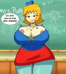 2024 anthro big_breasts blonde_hair blush breasts chalkboard cleavage clothed clothing digital_media_(artwork) english_text female fish flyingtrace hair hi_res huge_breasts lipstick looking_at_viewer makeup marine mrs._puff multicolored_body nickelodeon nipple_outline pufferfish shaded signature solo speech_bubble spongebob_squarepants spots tetraodontiform text thick_thighs tight_clothing topwear url wide_hips