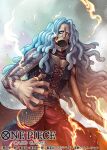  1boy blue_hair commentary_request copyright_name corset cowboy_shot cross-laced_clothes cross-laced_top dust embers fire heat_(one_piece) kuroda_asaki long_hair looking_ahead male_focus official_art one_piece one_piece_card_game open_mouth smoke solo stitched_face stitched_mouth stitches 