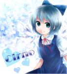  bad_id bad_pixiv_id blue_eyes blue_hair bow character_name cirno crystal fairy grin hair_bow heart itsuya short_hair smile solo touhou wings 