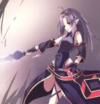  1girl absurdres armor armpits bare_shoulders belt chest_armor commentary_request fingerless_gloves gloves green_night headband highres holding holding_sword holding_weapon leotard long_hair open_mouth pointy_ears purple_hair red_belt red_eyes red_headband solo sword sword_art_online weapon yuuki_(sao) 