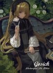  1girl black_bow black_bowtie black_dress black_hairband blonde_hair blue_eyes book book_stack bow bowtie bush character_name chin_strap closed_mouth copyright_name couch dress expressionless flower frilled_hairband frills gosick gothic_lolita hairband highres holding holding_smoking_pipe kofi-mo light_blush lolita_fashion lolita_hairband long_hair long_sleeves on_couch rose sitting smoking_pipe solo very_long_hair victorica_de_blois white_flower white_rose wide_sleeves 