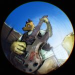 anarchy_symbol animal_crossing anthro brown_body brown_fur canid canine canis clothed clothing detailed_background fisheye_lens fur guitar half-closed_eyes kyle_(animal_crossing) looking_at_viewer male mammal multicolored_body multicolored_fur musical_instrument narrowed_eyes nintendo outside plucked_string_instrument shirt solo soulfull string_instrument t-shirt tan_body tan_fur topwear wolf wristband