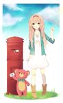  blue_eyes boots casual highres japanese_cylindrical_postbox japanese_postal_mark jewelry letter long_hair love_letter megurine_luka necklace pink_hair postbox_(outgoing_mail) sleeves_rolled_up solo stuffed_animal stuffed_toy teddy_bear uetsuki_aisa vocaloid 