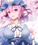  1girl :d blue_bow blue_hat blue_kimono blue_ribbon blue_sash blurry blurry_background bow breasts center_frills cherry_blossoms collarbone dot_nose falling_petals floating_hair frilled_bow frilled_shirt_collar frills hair_between_eyes hand_on_own_chest hat highres japanese_clothes kimono kisaragi_koushi large_breasts light_blush looking_at_viewer medium_hair mob_cap neck_ribbon outdoors petals pink_eyes pink_hair pink_lips pointing pointing_at_self ribbon ribbon-trimmed_collar ribbon-trimmed_sleeves ribbon_trim saigyouji_yuyuko sash smile tareme teeth touhou triangular_headpiece upper_body upper_teeth_only wavy_hair white_veil wide_sleeves 