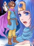  1girl bad_id bad_pixiv_id blue_eyes blue_hair breasts cape circlet cleavage dragon_quest dragon_quest_iii gloves highres mask medium_breasts open_mouth roto sage_(dq3) surime-dq sword weapon 