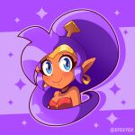 absurd_res blue_eyes breasts brown_body brown_skin cleavage clothed clothing ear_piercing ear_ring efextex female genie hair hi_res humanoid humanoid_pointy_ears looking_at_viewer not_furry piercing ponytail purple_hair ring_piercing shantae shantae_(series) signature simple_background smile solo wayforward