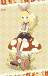  argyle argyle_background bad_id bad_pixiv_id bird black_legwear blonde_hair blush boots flower green_eyes hair_ornament hair_ribbon hairclip highres kagamine_rin kashiwaba_hisano kneehighs mushroom open_mouth ribbon short_hair shorts sitting smile socks solo suspenders vocaloid 