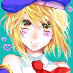  ame_erika bad_id bad_pixiv_id banned_artist beret blazblue blonde_hair blush face green_eyes hat lowres necktie noel_vermillion smile solo 